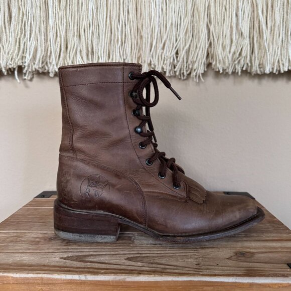 Raywelt Brown Leather Square Toe Fringe Roper Lace Up Ankle Boot Size  7.5 - Picture 8 of 17